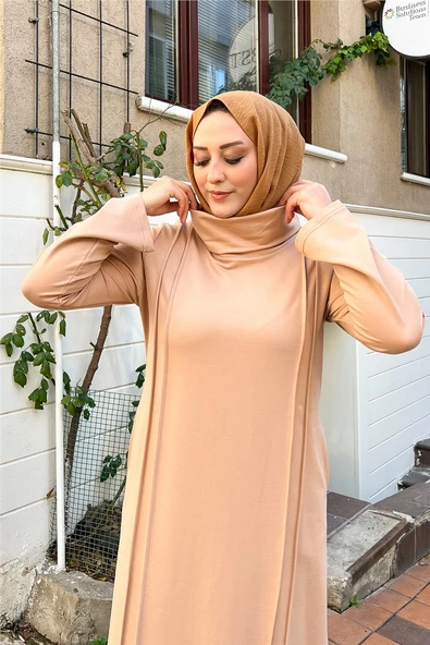 İkili Uzun Nevrül Detaylı Boğazlı Sade Basic Uzun Büyük Beden Spor Elbise - 12027.026 - Bej - 2