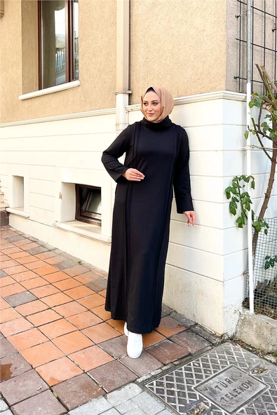 İkili Uzun Nevrül Detaylı Boğazlı Sade Basic Uzun Büyük Beden Spor Elbise - 12027.003 - Siyah - Resim 2