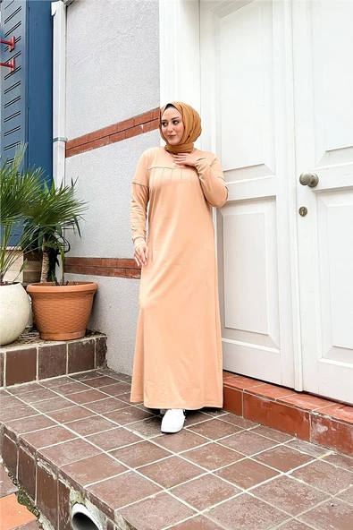 Kısa Nevrül Detaylı Sade Basic Uzun Büyük Beden Spor Elbise - 12025.026 - Bej - 3