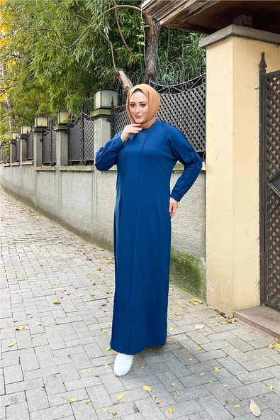 İkili Uzun Nevrül Detaylı Sade Basic Uzun Büyük Beden Spor Elbise - 12026.006 - İndigo