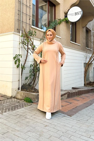 İkili Uzun Nevrül Detaylı Boğazlı Sade Basic Uzun Büyük Beden Spor Elbise - 12027.026 - Bej