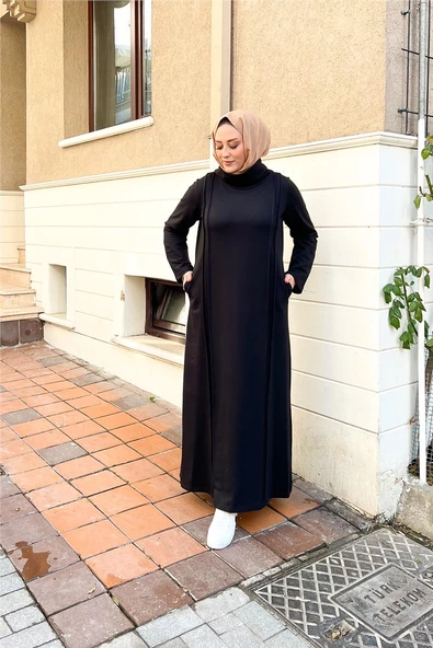 İkili Uzun Nevrül Detaylı Boğazlı Sade Basic Uzun Büyük Beden Spor Elbise - 12027.003 - Siyah ürün görseli