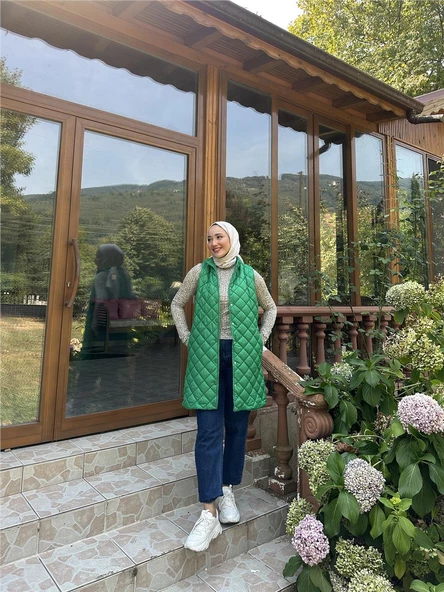 Despina Kapitone Fermuarlı Çıtçıtlı Kolsuz Yelek - 71150.111 - Benetton Yeşil - 5