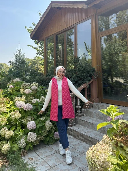 Despina Kapitone Fermuarlı Çıtçıtlı Kolsuz Yelek - 71150.025 - Fuşya