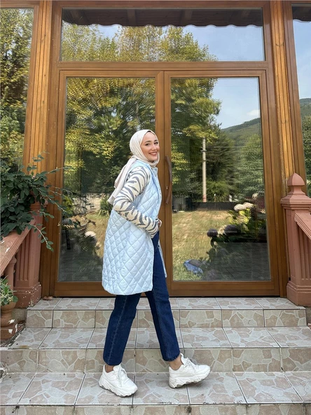 Despina Kapitone Fermuarlı Çıtçıtlı Kolsuz Yelek - 71150.112 - Buz Mavisi - 5