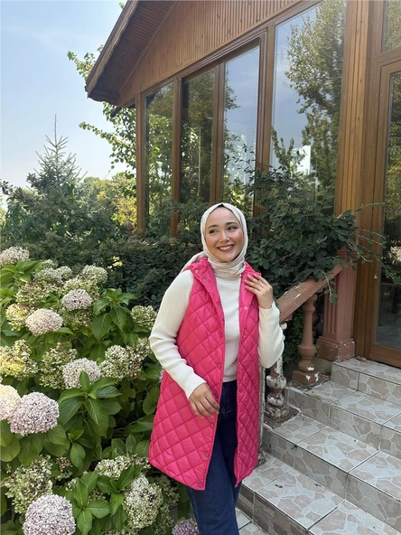Despina Kapitone Fermuarlı Çıtçıtlı Kolsuz Yelek - 71150.025 - Fuşya - 5