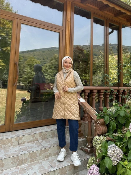 Despina Kapitone Fermuarlı Çıtçıtlı Kolsuz Yelek - 71150.026 - Bej - 5