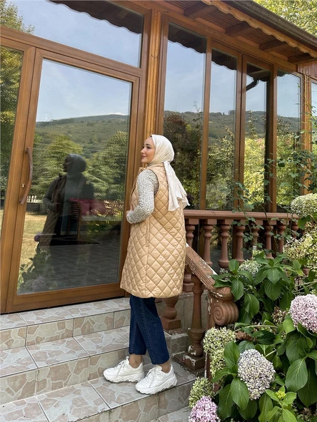 Despina Kapitone Fermuarlı Çıtçıtlı Kolsuz Yelek - 71150.026 - Bej - 6