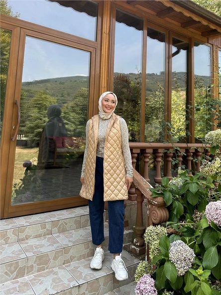 Despina Kapitone Fermuarlı Çıtçıtlı Kolsuz Yelek - 71150.026 - Bej - 2