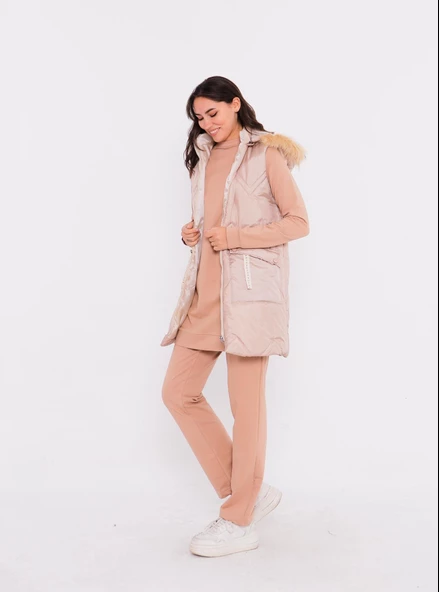 Sarah Kapşonlu Şişme Yelekli Spor Üçlü Takım - 70030.026 - Bej - Resim 5