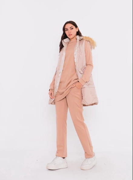 Sarah Kapşonlu Şişme Yelekli Spor Üçlü Takım - 70030.026 - Bej ürün görseli