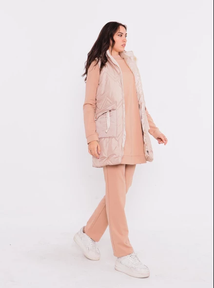 Sarah Kapşonlu Şişme Yelekli Spor Üçlü Takım - 70030.026 - Bej - Resim 8