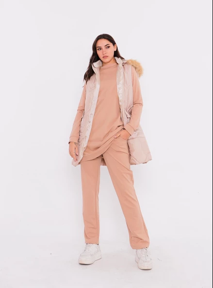 Sarah Kapşonlu Şişme Yelekli Spor Üçlü Takım - 70030.026 - Bej - Resim 9