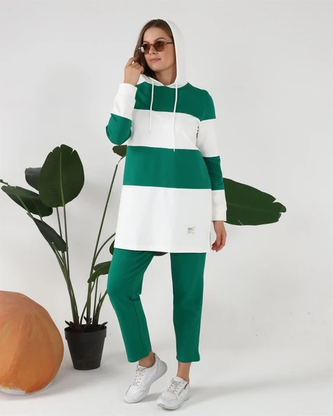 Yatay Çizgi Desenli İki Renk Kapşonlu İkili Eşofman Spor Takımı - 70079.111 - Beneton Yeşil - Resim 3