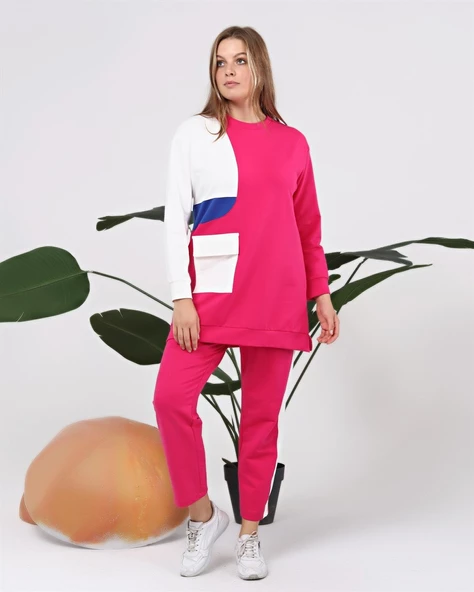 Sıfır Yandan Cep Detaylı Ribanalı İkili Eşofman Spor Takımı - 70086.025 - Fuşya - Resim 3