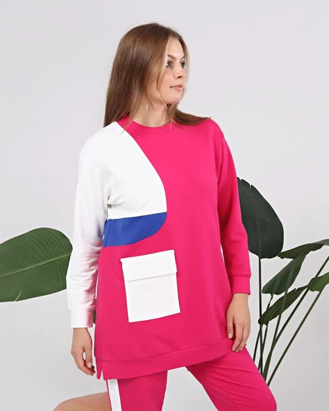 Sıfır Yandan Cep Detaylı Ribanalı İkili Eşofman Spor Takımı - 70086.025 - Fuşya - Resim 4