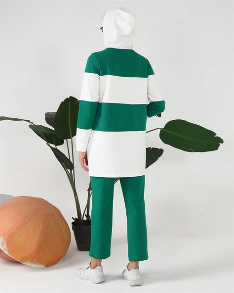 Yatay Çizgi Desenli İki Renk Kapşonlu İkili Eşofman Spor Takımı - 70079.111 - Beneton Yeşil - Resim 4