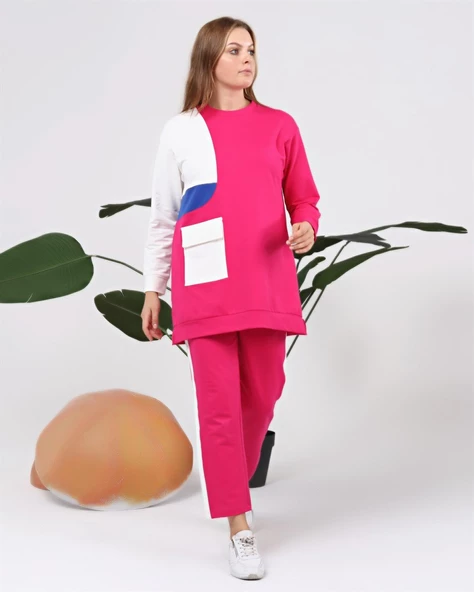 Sıfır Yandan Cep Detaylı Ribanalı İkili Eşofman Spor Takımı - 70086.025 - Fuşya ürün görseli