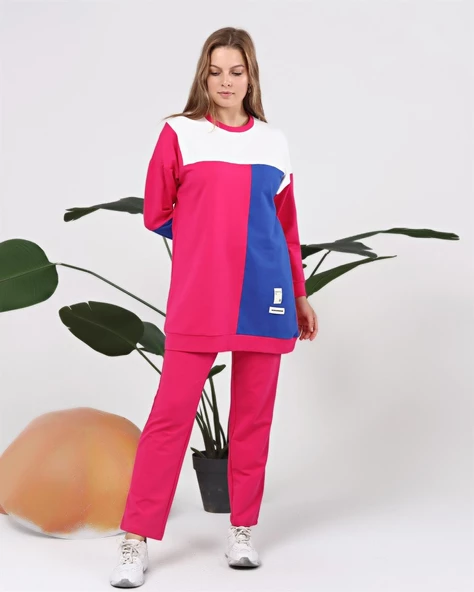 Alya Üç Renk Geçişli Garnili İkili Eşofman Spor Takımı - 70096.025 - Fuşya ürün görseli