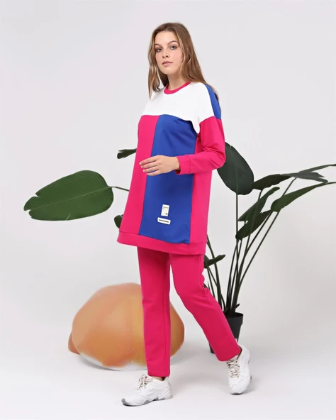 Alya Üç Renk Geçişli Garnili İkili Eşofman Spor Takımı - 70096.025 - Fuşya - Resim 4