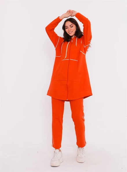 Pare Şerit Detaylı Kapüşonlu Spor İkili Takım - 70097.036 - Oranj - 3