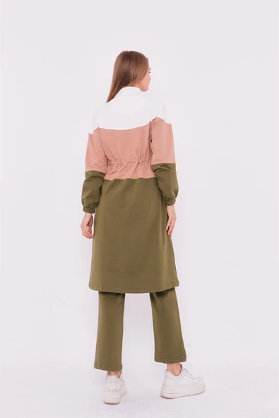 Üç Renk Hırkalı Fermuarlı Belden Bağlamalı Spor Uzun İkili Takım - 71071.108 - Yağ Yeşili - Resim 4