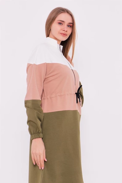 Üç Renk Hırkalı Fermuarlı Belden Bağlamalı Spor Uzun İkili Takım - 71071.108 - Yağ Yeşili - Resim 3