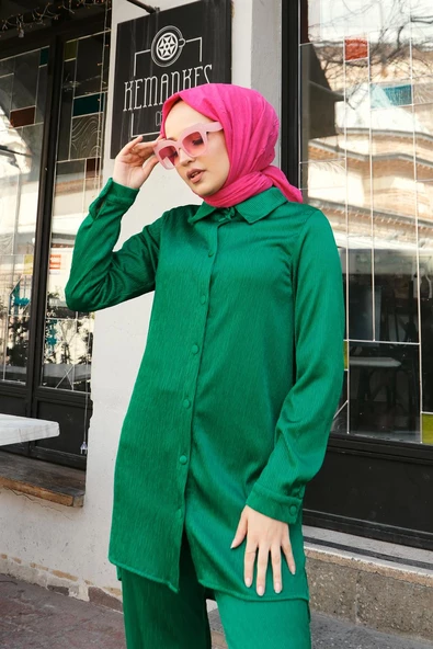 Ada Piliseli Düğmeli Sade Basic Gömlek Pantolon İkili Takım - 05212.111 - Beneton Yeşil - Resim 2