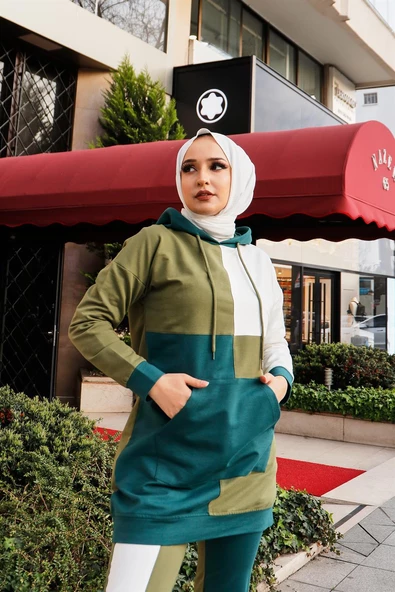 Aden Paçası Lastikli Garnili İkili Eşofman Spor Takımı - 71088.108 - Yağ Yeşili - Resim 2