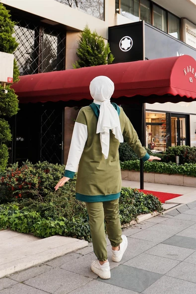 Aden Paçası Lastikli Garnili İkili Eşofman Spor Takımı - 71088.108 - Yağ Yeşili - Resim 4