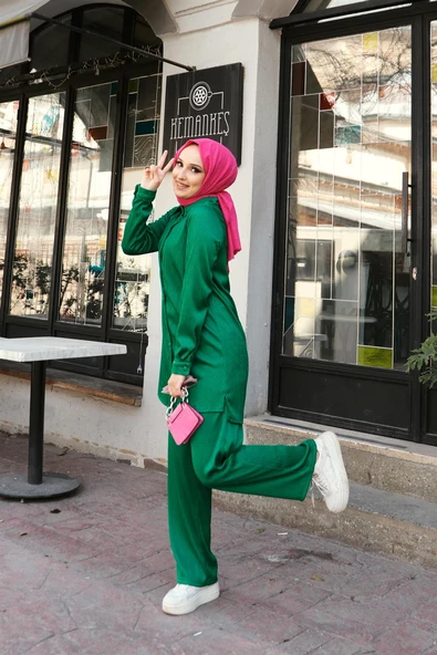 Ada Piliseli Düğmeli Sade Basic Gömlek Pantolon İkili Takım - 05212.111 - Beneton Yeşil - Resim 3