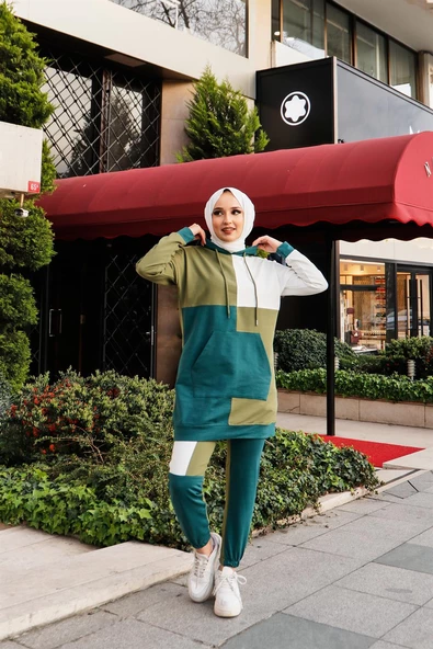 Aden Paçası Lastikli Garnili İkili Eşofman Spor Takımı - 71088.108 - Yağ Yeşili - Resim 3