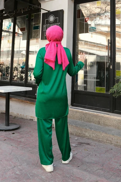 Ada Piliseli Düğmeli Sade Basic Gömlek Pantolon İkili Takım - 05212.111 - Beneton Yeşil - Resim 4