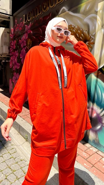 Enerji Kapişonu Şerit Detaylı Fermuarlı İkili Eşofman Spor Takım - 71081.036 - Oranj - Resim 2