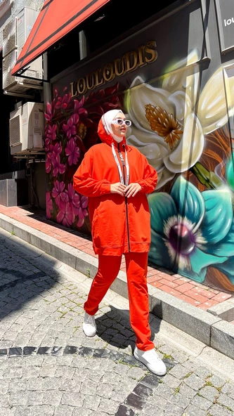 Enerji Kapişonu Şerit Detaylı Fermuarlı İkili Eşofman Spor Takım - 71081.036 - Oranj - Resim 4