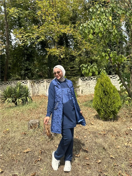 Dafne Cepli Eşofman Kolsuz Yelek Beli Lastikli Pantolon Üçlü Takım - 71149.006 - İndigo - 4
