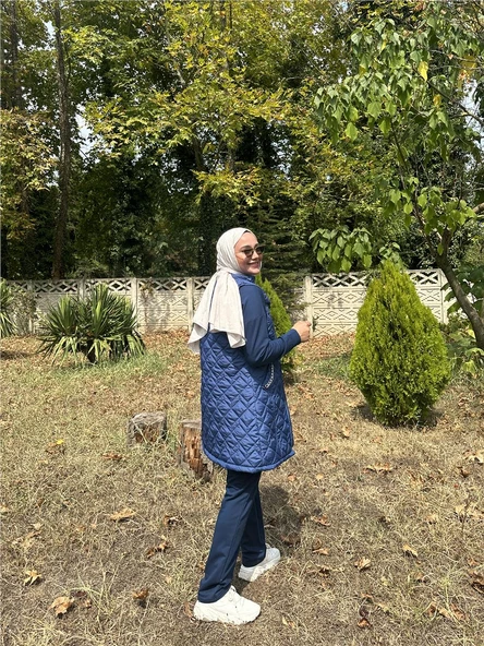 Dafne Cepli Eşofman Kolsuz Yelek Beli Lastikli Pantolon Üçlü Takım - 71149.006 - İndigo - 3
