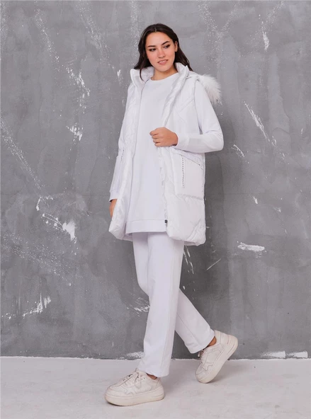 Sarah Kapşonlu Şişme Yelekli Spor Üçlü Takım - 70030.002 - Beyaz - Resim 6