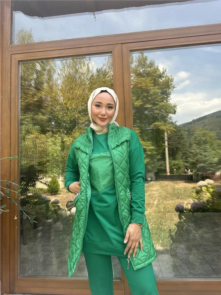 Dafne Cepli Eşofman Kolsuz Yelek Beli Lastikli Pantolon Üçlü Takım - 71149.111 - Benetton Yeşil - 2