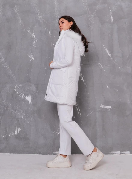 Sarah Kapşonlu Şişme Yelekli Spor Üçlü Takım - 70030.002 - Beyaz - Resim 4