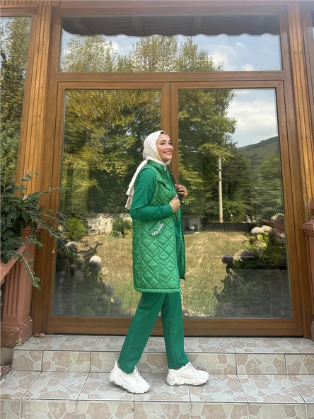 Dafne Cepli Eşofman Kolsuz Yelek Beli Lastikli Pantolon Üçlü Takım - 71149.111 - Benetton Yeşil - 4