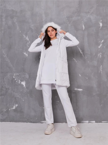 Sarah Kapşonlu Şişme Yelekli Spor Üçlü Takım - 70030.002 - Beyaz - Resim 10