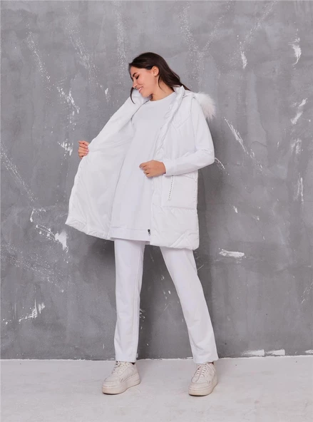 Sarah Kapşonlu Şişme Yelekli Spor Üçlü Takım - 70030.002 - Beyaz - Resim 7