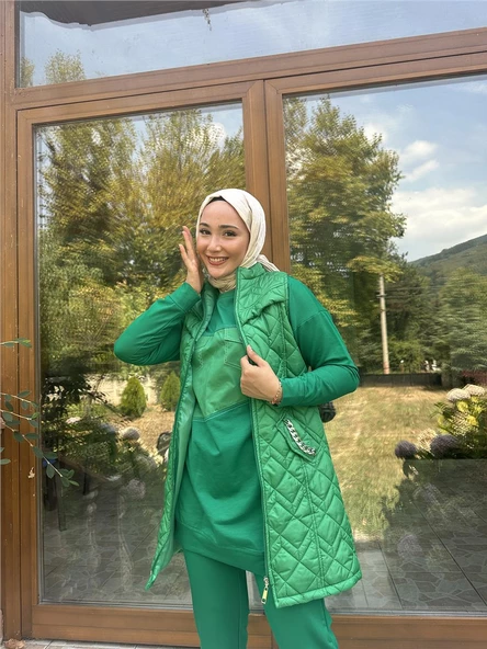 Dafne Cepli Eşofman Kolsuz Yelek Beli Lastikli Pantolon Üçlü Takım - 71149.111 - Benetton Yeşil - 3
