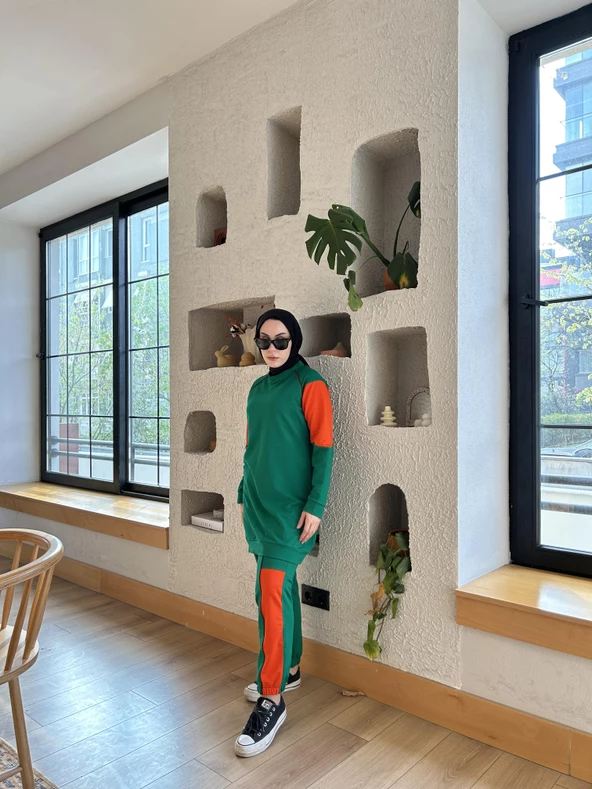 Şimal Paçası Lastikli Pantolonu Garnili İkili Eşofman Spor Takımı - 71083.111 - Beneton Yeşil ürün görseli