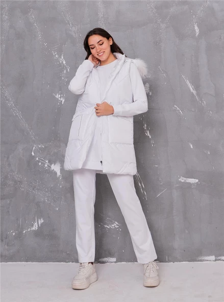 Sarah Kapşonlu Şişme Yelekli Spor Üçlü Takım - 70030.002 - Beyaz - Resim 3