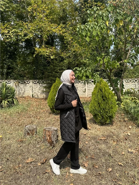 Dafne Cepli Eşofman Kolsuz Yelek Beli Lastikli Pantolon Üçlü Takım - (38-46) - 71149 - Siyah - 4