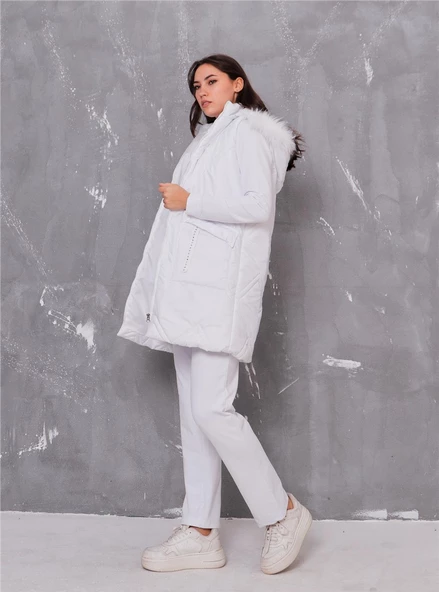 Sarah Kapşonlu Şişme Yelekli Spor Üçlü Takım - 70030.002 - Beyaz - Resim 2