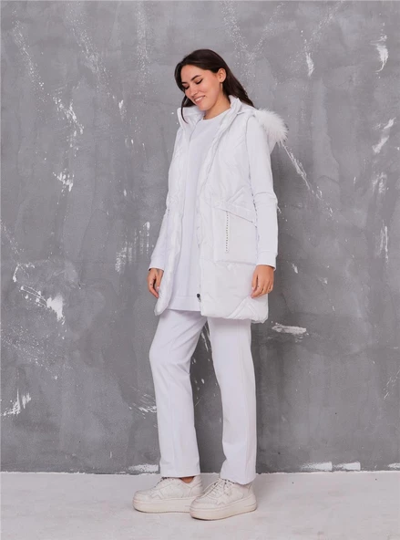 Sarah Kapşonlu Şişme Yelekli Spor Üçlü Takım - 70030.002 - Beyaz - Resim 5