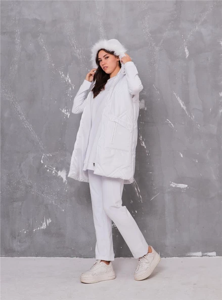 Sarah Kapşonlu Şişme Yelekli Spor Üçlü Takım - 70030.002 - Beyaz - Resim 11